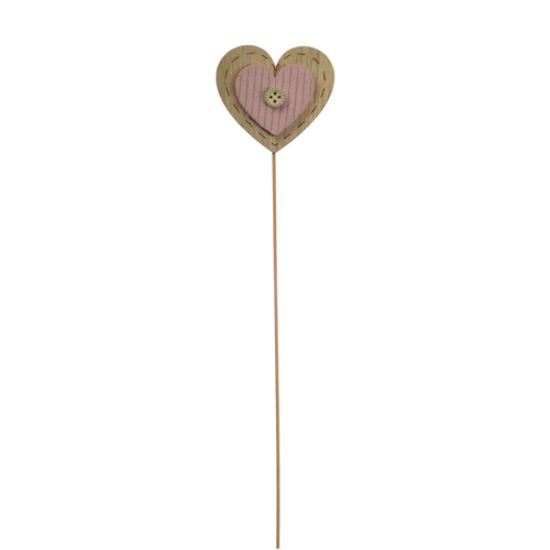 Picture of 25cm WOODEN HEART PICK WITH BUTTON ON WOODEN STICK PINK X 6pcs
