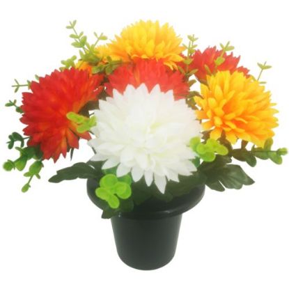 Picture of CEMETERY POT WITH SPIKY CHRYSANTHEMUMS AND EUCALYPTUS IVORY/ORANGE/RED