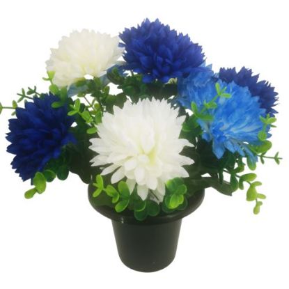 Picture of CEMETERY POT WITH SPIKY CHRYSANTHEMUMS AND EUCALYPTUS IVORY/ROYAL/BLUE