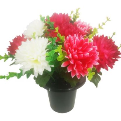 Picture of CEMETERY POT WITH SPIKY CHRYSANTHEMUMS AND EUCALYPTUS IVORY/FUCHSIA/CERISE