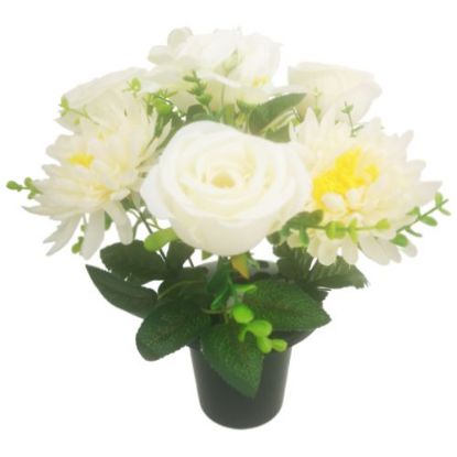 Picture of CEMETERY POT WITH ROSES AND CHRYSANTHEMUMS IVORY/CREAM