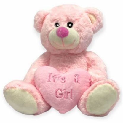 Picture of 38cm (15 INCH) SITTING BABY BEAR WITH ITS A GIRL HEART PINK