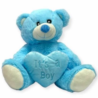 Picture of 38cm (15 INCH) SITTING BABY BEAR WITH ITS A BOY HEART BLUE
