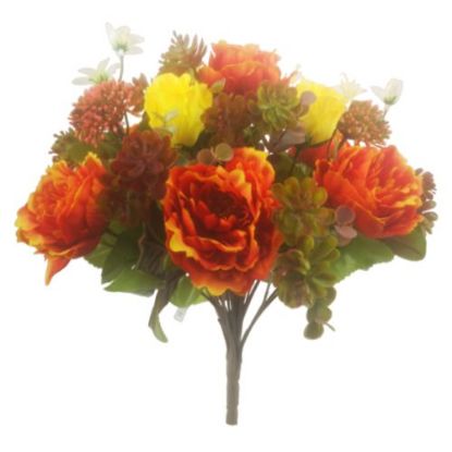 Picture of 37cm PEONY ROSE AND SUCCULENT MIXED BUSH ORANGE/YELLOW