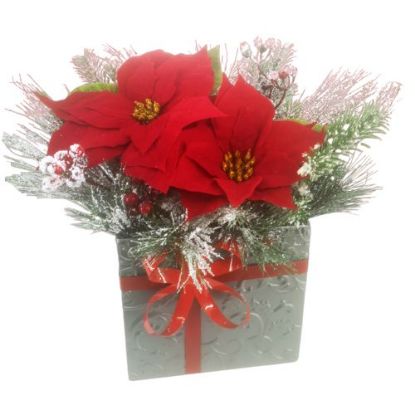Picture of 34cm CHRISTMAS POINSETTIA DECO IN SQUARE METAL BOX GREY/RED