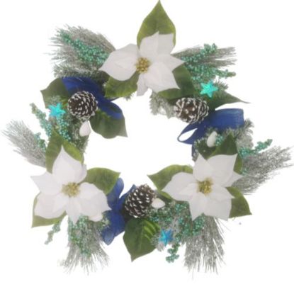 Picture of 60cm (24 INCH) LARGE POINSETTIA WREATH WITH POINSETTIAS CONES AND BERRIES WHITE/BLUE