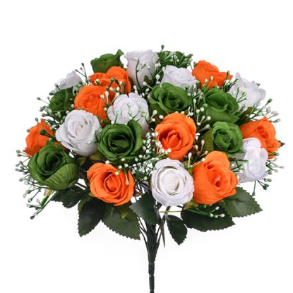 Picture of 40cm ROSEBUD BUSH WITH GYP (24 HEADS) ORANGE/WHITE/GREEN