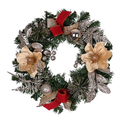 Picture of 30cm (12 INCH) MAGNOLIA BAUBLE AND FOLIAGE WREATH WITH BOWS CHAMPAGNE/BURGUNDY