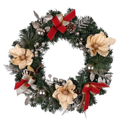 Picture of 50cm (20 INCH) MAGNOLIA BAUBLE AND FOLIAGE WREATH WITH BOWS CHAMPAGNE/BURGUNDY