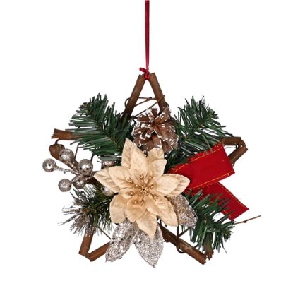 Picture of 20cm (8 INCH) POINSETTIA BAUBLE AND FOLIAGE WICKER STAR WITH BOWS CHAMPAGNE/BURGUNDY
