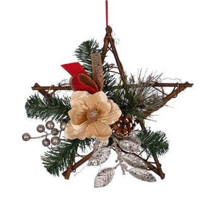 Picture of 25cm (10 INCH) MAGNOLIA BAUBLE AND FOLIAGE WICKER STAR WITH BOWS CHAMPAGNE/BURGUNDY