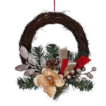 Picture of 25cm (10 INCH) MAGNOLIA BAUBLE AND FOLIAGE WICKER WREATH WITH BOWS CHAMPAGNE/BURGUNDY