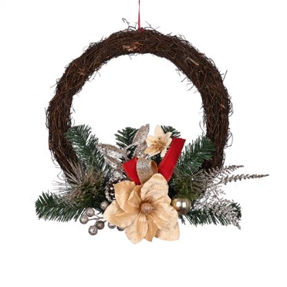 Picture of 35cm (14 INCH) MAGNOLIA BAUBLE AND FOLIAGE WICKER WREATH WITH BOWS CHAMPAGNE/BURGUNDY