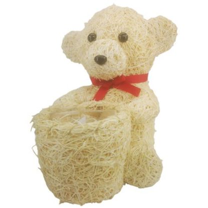 Picture of 25cm WOOD CHIP SITTIING BEAR PLANTER WITH PLASTIC LINING AND RED BOW