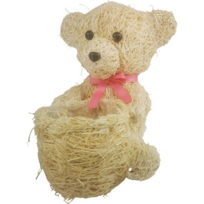Picture of 30cm WOOD CHIP SITTIING BEAR PLANTER WITH PLASTIC LINING AND PINK BOW