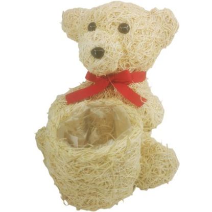 Picture of 30cm WOOD CHIP SITTIING BEAR PLANTER WITH PLASTIC LINING AND RED BOW