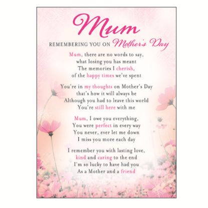 Picture of PLASTIC COATED MEMORIAL CARD X 6pcs - MUM REMEMBERING YOU ON MOTHERS DAY