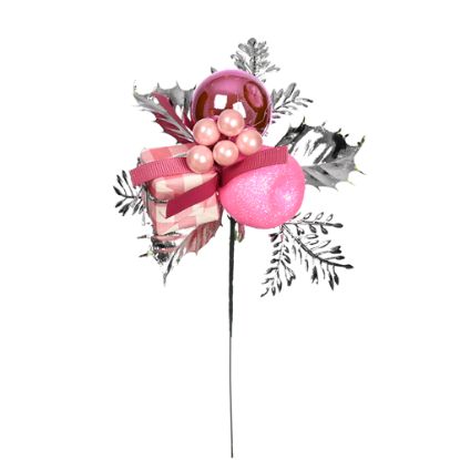 Picture of 23cm CHRISTMAS PICK WITH RIBBON BAUBLE PARCEL AND APPLE PINK X 12pcs