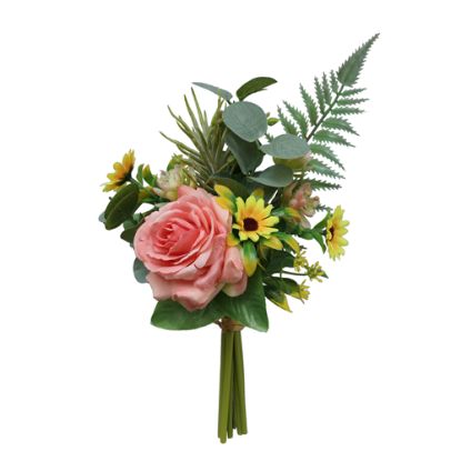 Picture of 35cm ROSE AND DAISY BUNDLE WITH FERN PINK/YELLOW