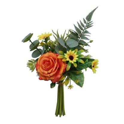 Picture of 35cm ROSE AND DAISY BUNDLE WITH FERN ORANGE/YELLOW
