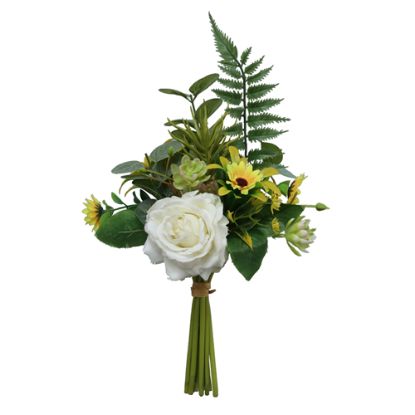 Picture of 35cm ROSE AND DAISY BUNDLE WITH FERN IVORY/YELLOW