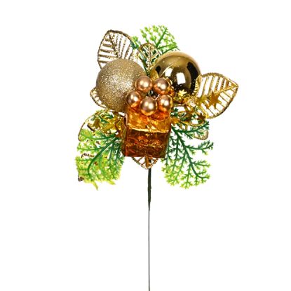 Picture of 23cm CHRISTMAS PICK WITH BAUBLES BERRIES AND PARCEL GOLD X 12pcs