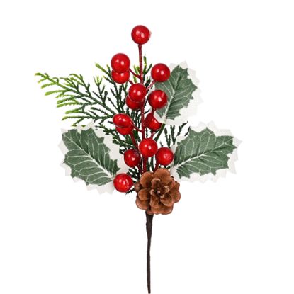 Picture of 23cm CHRISTMAS VARIEGATED HOLLY PICK WITH BERRIES AND CONE NAT/RED X 12pcs