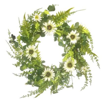Picture of 28 INCH (71cm) MIXED FOLIAGE WREATH WITH DAISIES GREEN/IVORY