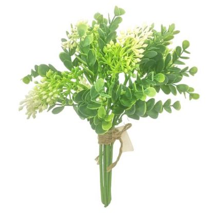 Picture of 30cm PLASTIC EUCALYPTUS BUNDLE WITH BERRIES IVORY/GREEN