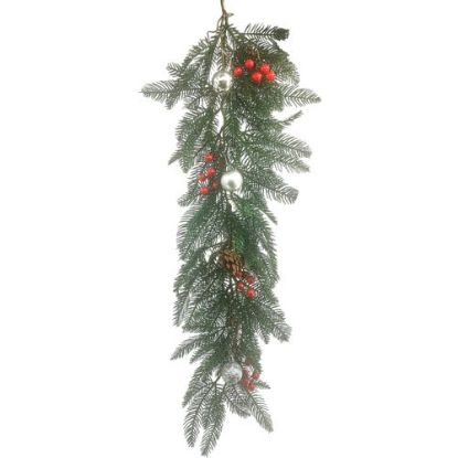 Picture of 88cm SPRUCE TRAIL WITH BAUBLES AND BERRIES SILVER/RED