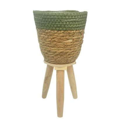 Picture of 31cm ROUND GRASS PLANTER WITH WOODEN LEGS NATURAL/GREEN