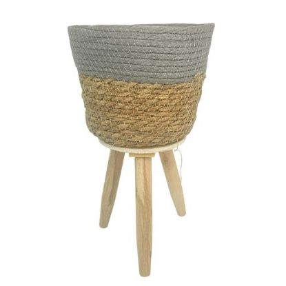 Picture of 36cm ROUND GRASS PLANTER WITH WOODEN LEGS NATURAL/GREY