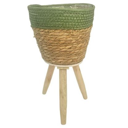 Picture of 38cm ROUND GRASS PLANTER WITH WOODEN LEGS NATURAL/GREEN