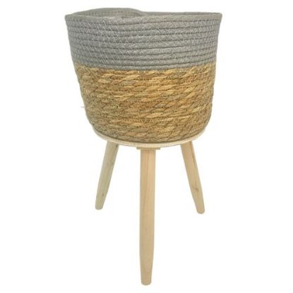 Picture of 41cm LARGE ROUND GRASS PLANTER WITH WOODEN LEGS NATURAL/GREY