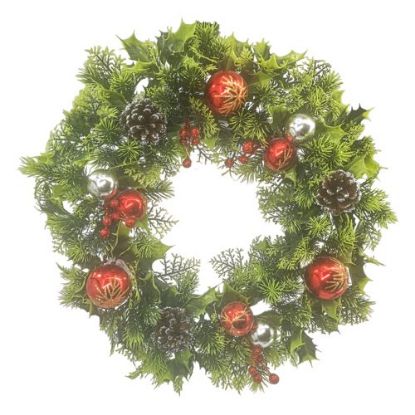 Picture of 18 INCH LARGE PLASTIC HOLLY WREATH WITH BAUBLES AND CONES RED/SILVER