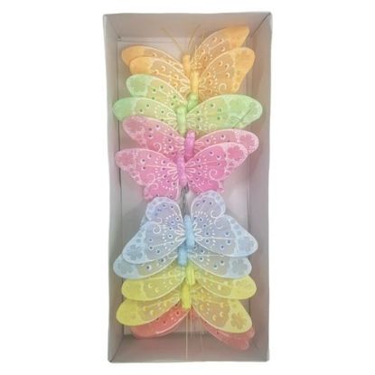 Picture of 10cm FEATHER BUTTERFLY ON 20cm WIRE ASSORTED PASTELS X 12pcs