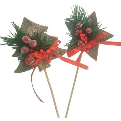 Picture of 8.5cm WOODEN STAR/TREE PICK RED WITH DECO ON 20cm WOODEN STICK ASSORTED X 6pcs