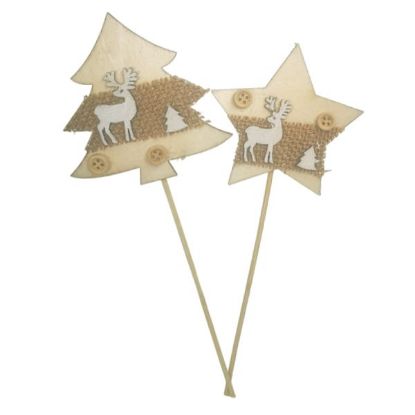 Picture of 8.5cm WOODEN STAR/TREE REINDEER PICK IVORY/NATURAL ON 20cm WOODEN STICK ASSORTED X 6pcs