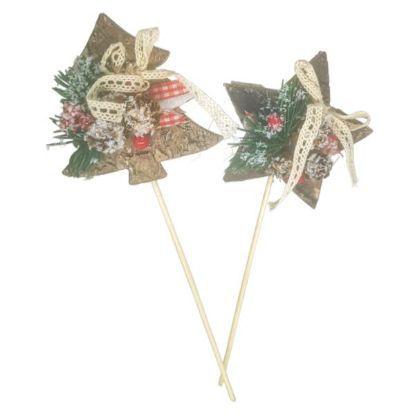 Picture of 8.5cm WOODEN STAR/TREE PICK NATURAL WITH DECO ON 20cm WOODEN STICK ASSORTED X 6pcs
