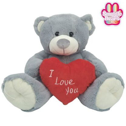 Picture of 38cm (15 INCH) SNUGGLE BEARS SITTING BEAR WITH RED I LOVE YOU HEART GREY