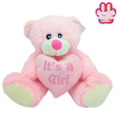 Picture of 20cm (8 INCH) SNUGGLE BEARS SITTING BABY BEAR WITH ITS A GIRL HEART PINK