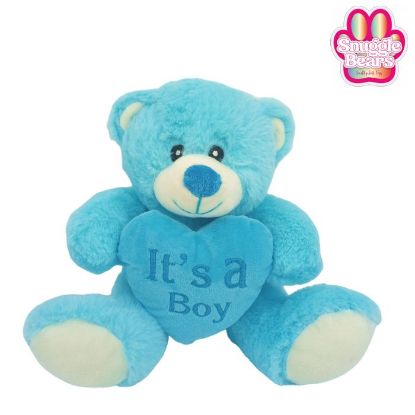 Picture of 20cm (8 INCH) SNUGGLE BEARS SITTING BABY BEAR WITH ITS A BOY HEART BLUE