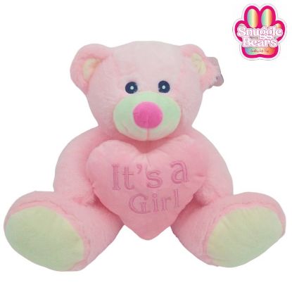Picture of 28cm (11 INCH) SNUGGLE BEARS SITTING BABY BEAR WITH ITS A GIRL HEART PIN