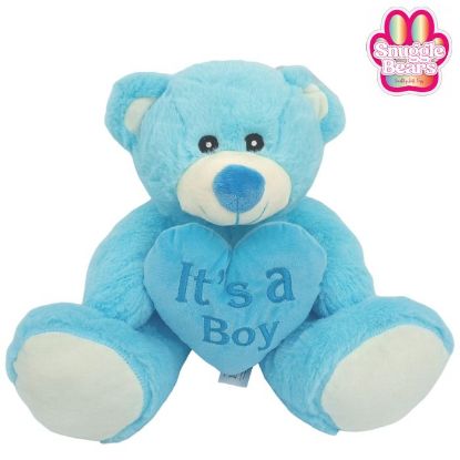 Picture of 28cm (11 INCH) SNUGGLE BEARS SITTING BABY BEAR WITH ITS A BOY HEART BLUE