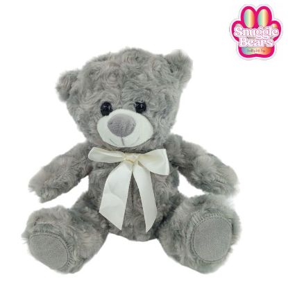 Picture of 20cm (8 INCH) SNUGGLE BEARS SITTING CURLY BEAR WITH RIBBON BOW GREY