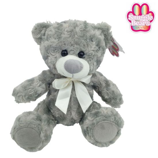 Picture of 25cm (10 INCH) SNUGGLE BEARS SITTING CURLY BEAR WITH RIBBON BOW GREY