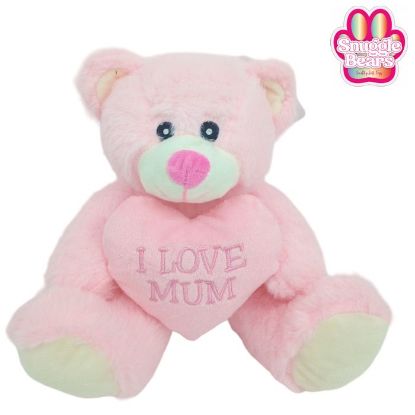 Picture of 20cm (8 INCH) SNUGGLE BEARS SITTING BEAR WITH I LOVE MUM HEART PINK