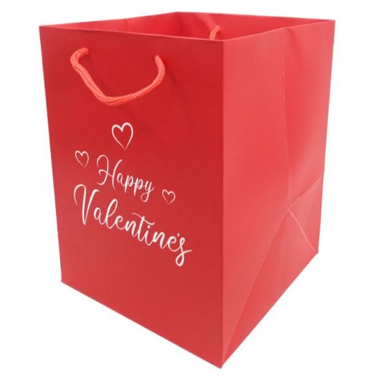Picture of FLOWER BAG 190x190x250mm HAPPY VALENTINES X 10pcs RICH RED/WHITE
